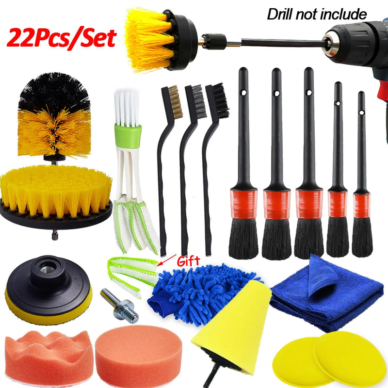 Kit de Escovas de Detalhamento - Escovas Elétricas para Furadeira, Almofadas de Polimento para Carro, Escova de Limpeza para Vents de Carro, Rodas e Remoção de Poeira e Sujeira