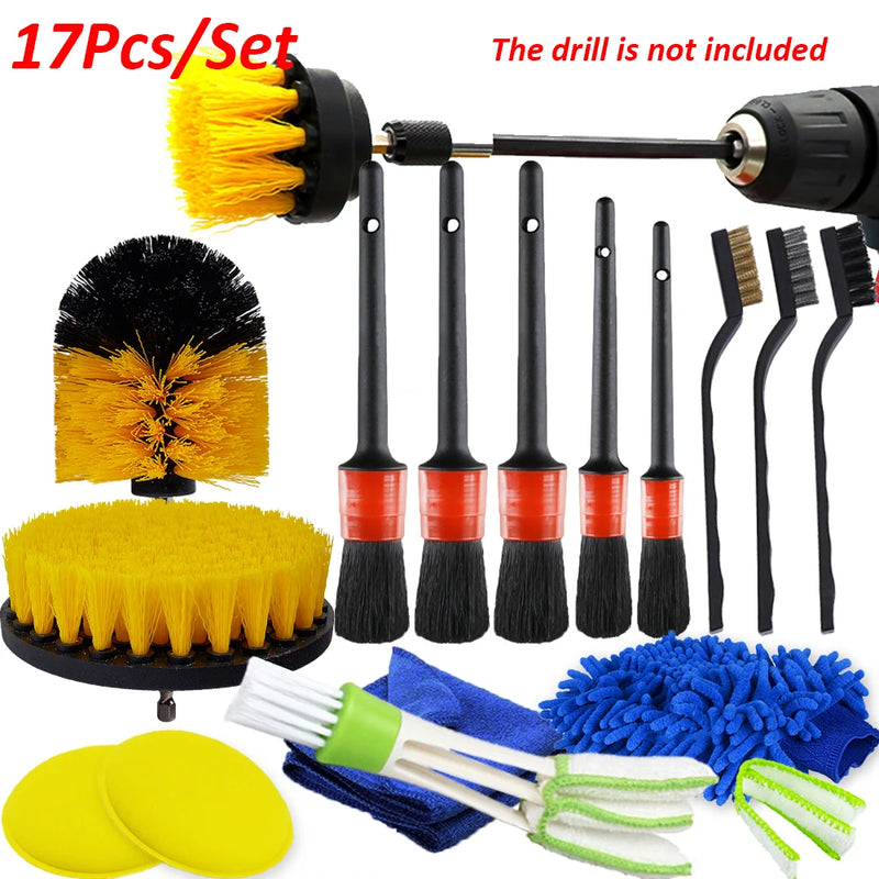 Kit de Escovas de Detalhamento - Escovas Elétricas para Furadeira, Almofadas de Polimento para Carro, Escova de Limpeza para Vents de Carro, Rodas e Remoção de Poeira e Sujeira