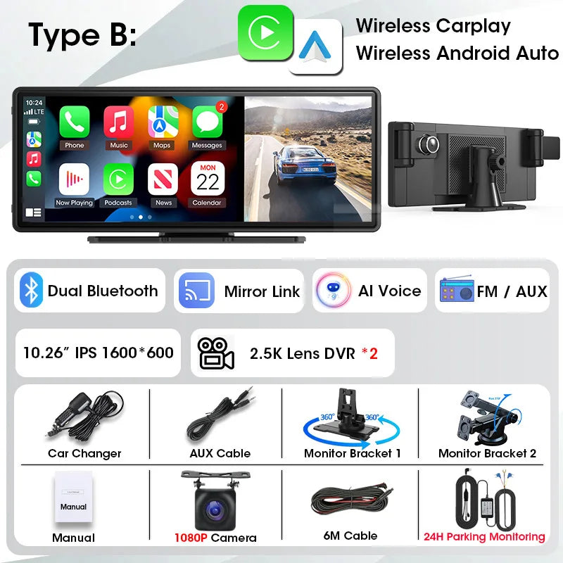 Tela 10,26" com Três Lentes – DVR Veicular com CarPlay & Android Auto Sem Fio