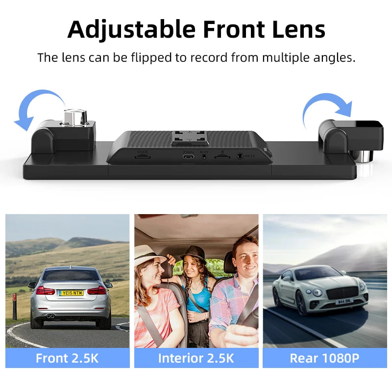 Tela 10,26" com Três Lentes – DVR Veicular com CarPlay & Android Auto Sem Fio