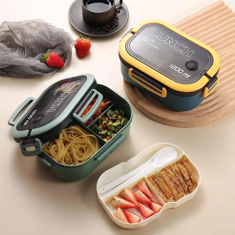 Caixa de Almoço Portátil com Garfo e Colher - 2 Camadas, Divisórias, à Prova de Vazamentos, Ideal para Armazenamento de Alimentos. Perfeita para Uso ao Ar Livre, na Escola e para Crianças. Compatível com Micro-ondas - B