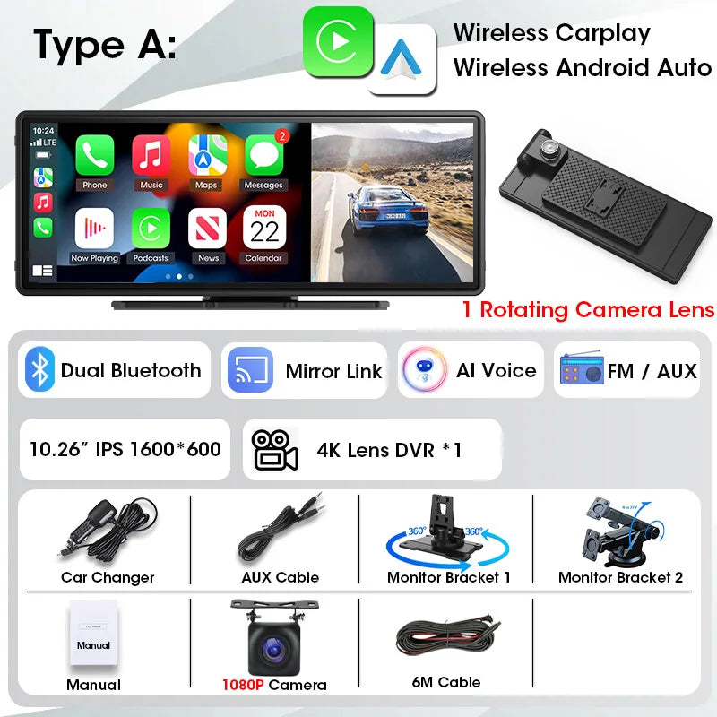 Tela 10,26" com Três Lentes – DVR Veicular com CarPlay & Android Auto Sem Fio