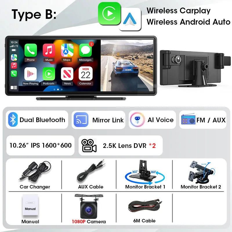 Tela 10,26" com Três Lentes – DVR Veicular com CarPlay & Android Auto Sem Fio