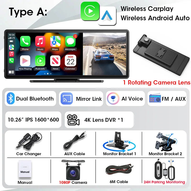Tela 10,26" com Três Lentes – DVR Veicular com CarPlay & Android Auto Sem Fio