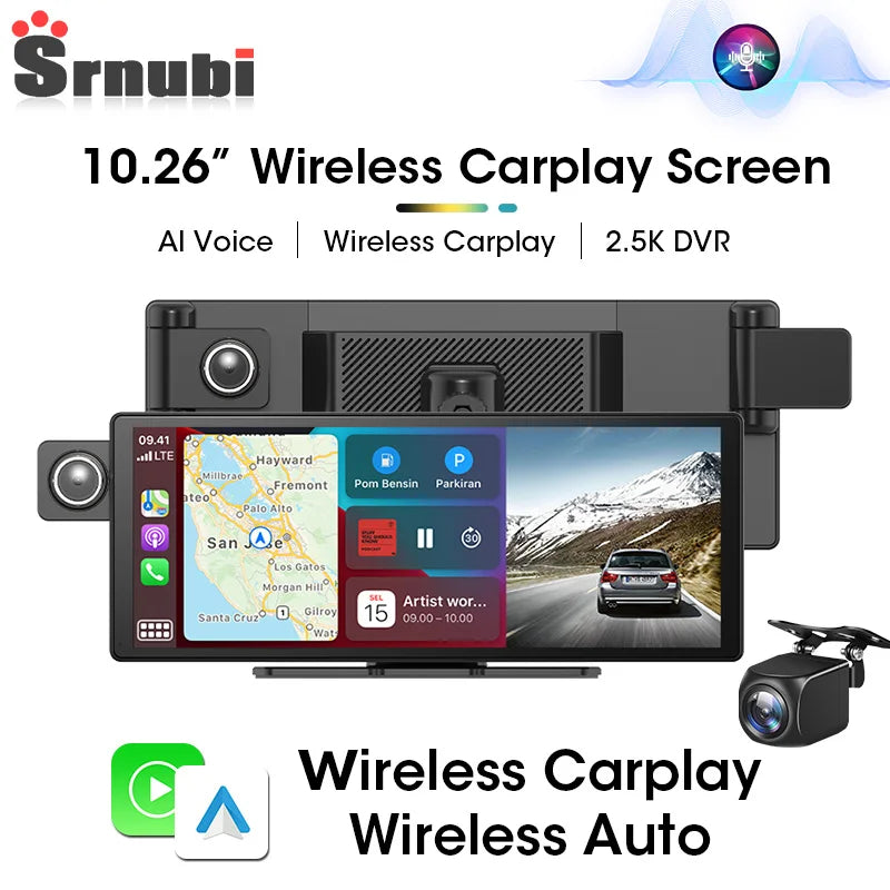 Tela 10,26" com Três Lentes – DVR Veicular com CarPlay & Android Auto Sem Fio