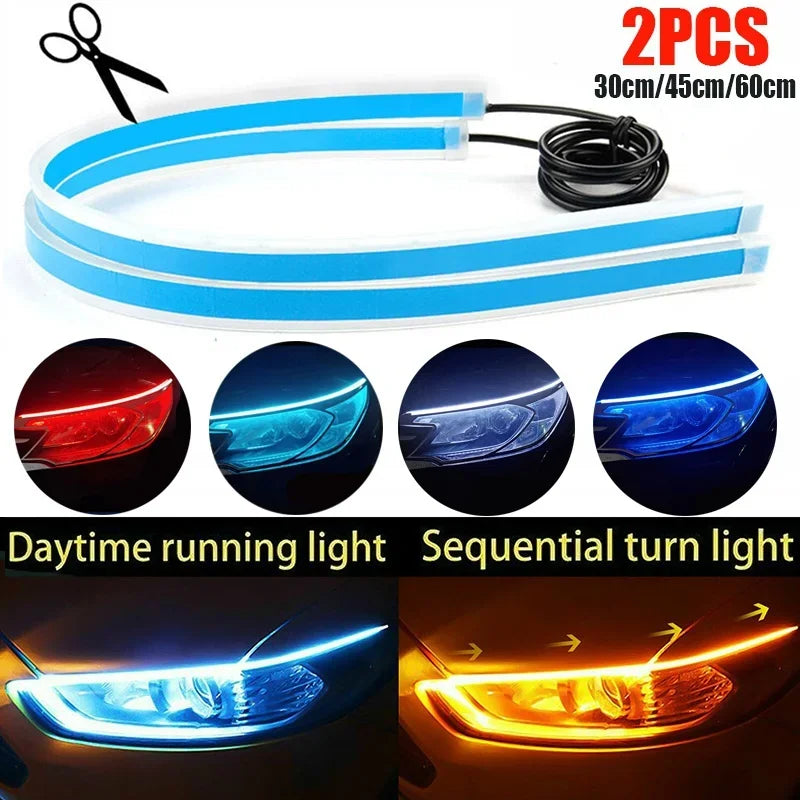 2 Peças de Faixa de LED 12V para Farol de Carro, Luzes de Corrida Diurna (DRL), Sinal de Direção, Luzes Sequenciais, Switchback - 30cm/45cm/60cm