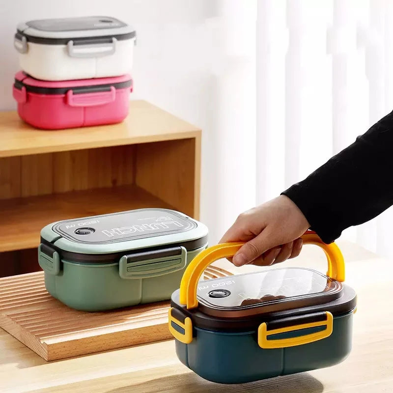 Caixa de Almoço Portátil com Garfo e Colher - 2 Camadas, Divisórias, à Prova de Vazamentos, Ideal para Armazenamento de Alimentos. Perfeita para Uso ao Ar Livre, na Escola e para Crianças. Compatível com Micro-ondas - B