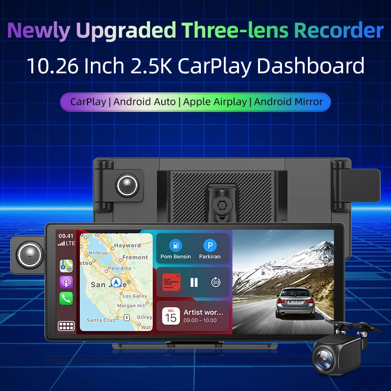 Tela 10,26" com Três Lentes – DVR Veicular com CarPlay & Android Auto Sem Fio