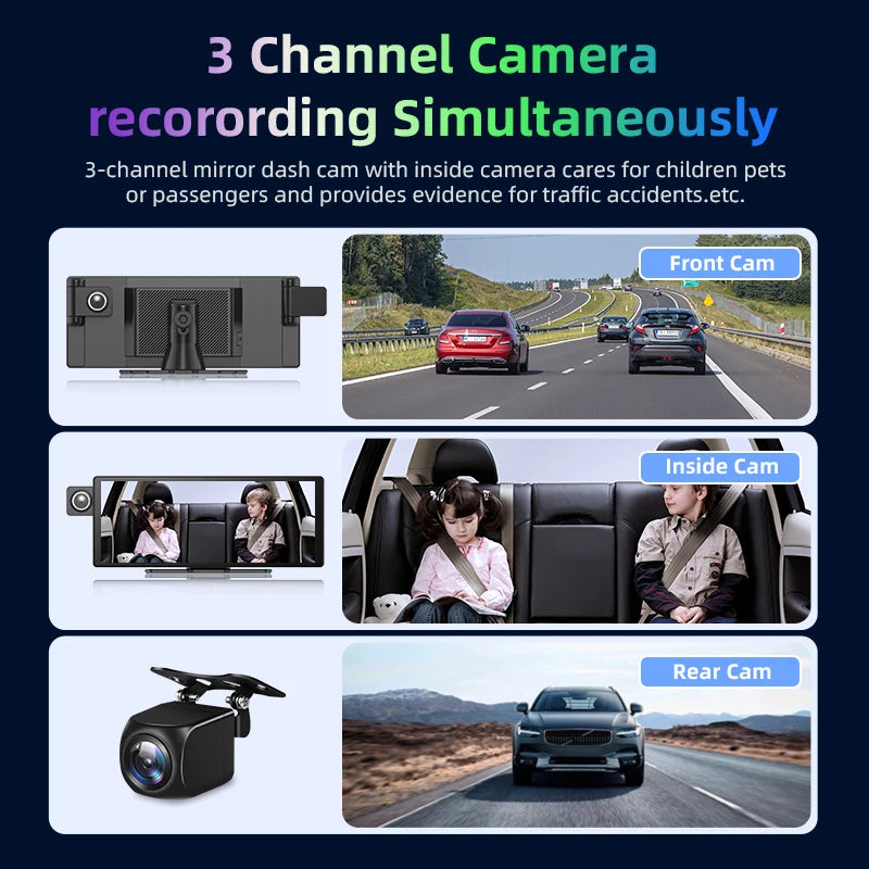 Tela 10,26" com Três Lentes – DVR Veicular com CarPlay & Android Auto Sem Fio