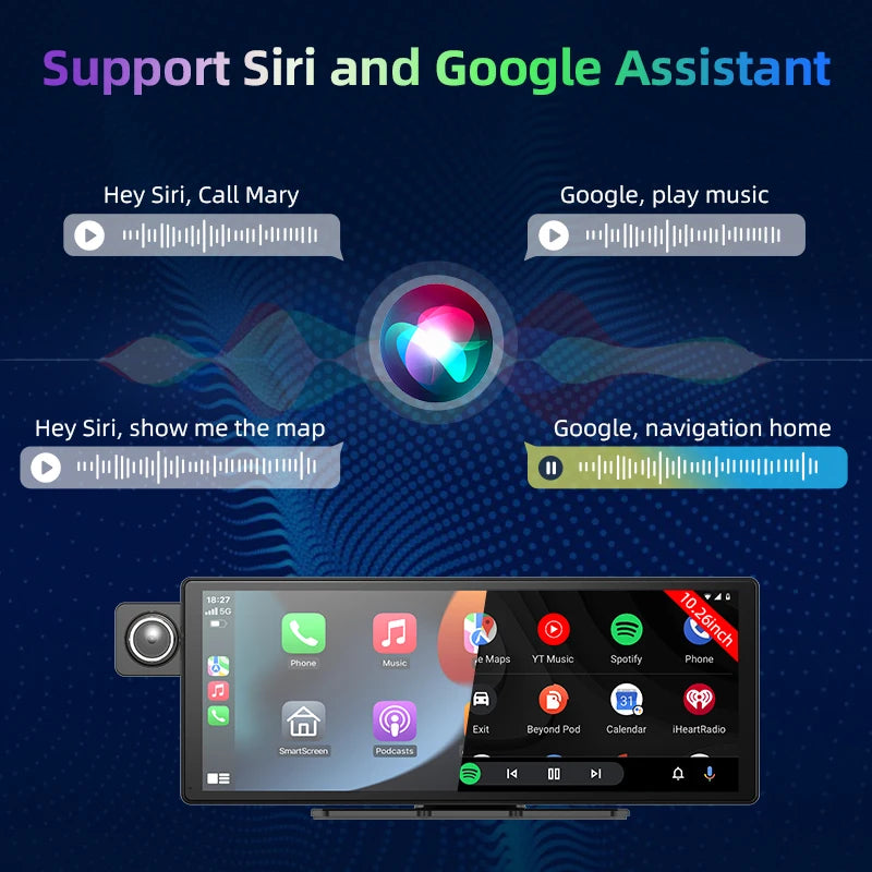 Tela 10,26" com Três Lentes – DVR Veicular com CarPlay & Android Auto Sem Fio