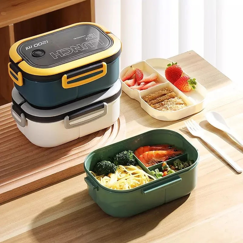 Caixa de Almoço Portátil com Garfo e Colher - 2 Camadas, Divisórias, à Prova de Vazamentos, Ideal para Armazenamento de Alimentos. Perfeita para Uso ao Ar Livre, na Escola e para Crianças. Compatível com Micro-ondas - B
