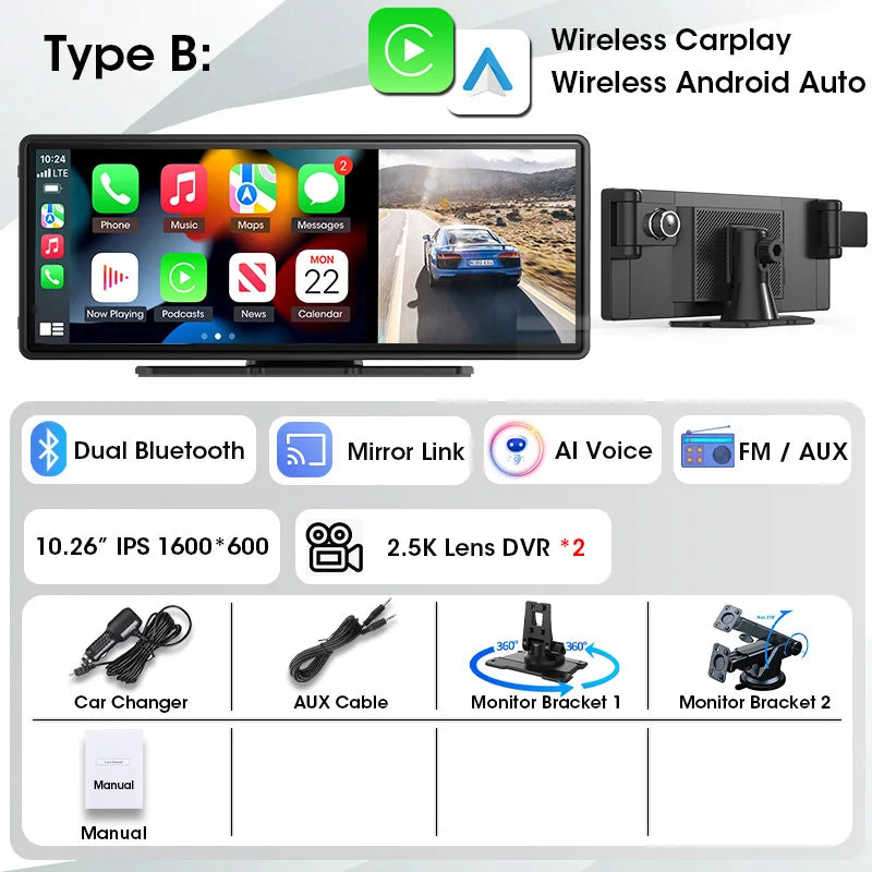 Tela 10,26" com Três Lentes – DVR Veicular com CarPlay & Android Auto Sem Fio