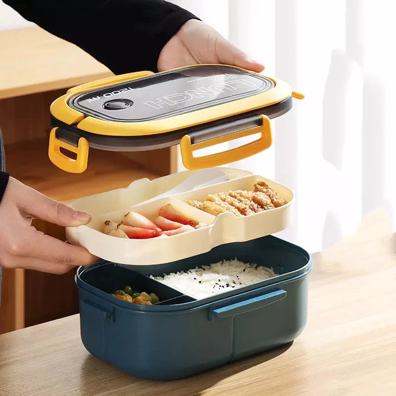 Caixa de Almoço Portátil com Garfo e Colher - 2 Camadas, Divisórias, à Prova de Vazamentos, Ideal para Armazenamento de Alimentos. Perfeita para Uso ao Ar Livre, na Escola e para Crianças. Compatível com Micro-ondas - B